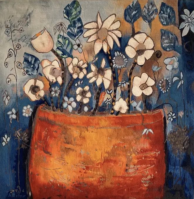 Tableau à l’huile « Le Bouquet de Famille » par Kharla’M, œuvre originale transposée ensuite en tapisserie d’Aubusson et récompensée par le premier prix au 9ème Salon International d’Art Contemporain d’Aubusson en 2006.