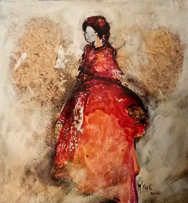 Petite encre sur carton bristol – figure féminine en robe rouge, réalisée à partir de taches d’encre