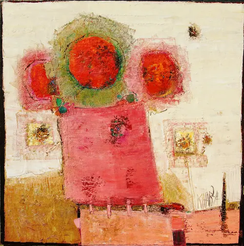 Tableau Le Pot aux Roses de l’artiste Atelier Kharlamova : composition abstraite lumineuse en rouge, or et rose, trois fleurs circulaires au sommet.
