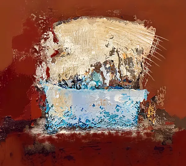 Tableau original « La Voile » — peinture abstraite rouge, or et bleu (Oracle des Songes Blancs)